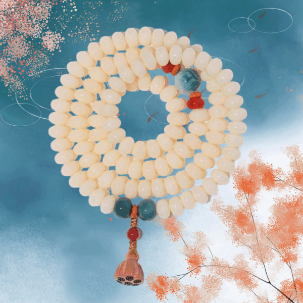 Budhi Luck 108 Mala Beads White Jade Bodhi Bracelet with Five-Layer Lotus Charm - Image 2