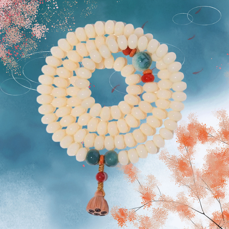 108 Mala Beads White Jade Bodhi Bracelet with Carved Lotus Pendant and Olive Pit Spacers