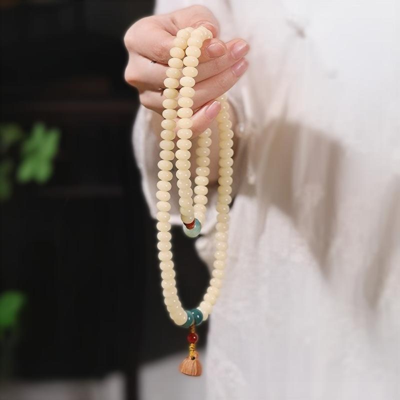 108 Mala Beads White Jade Bodhi Bracelet with Carved Lotus Pendant and Olive Pit Spacers - Image 4