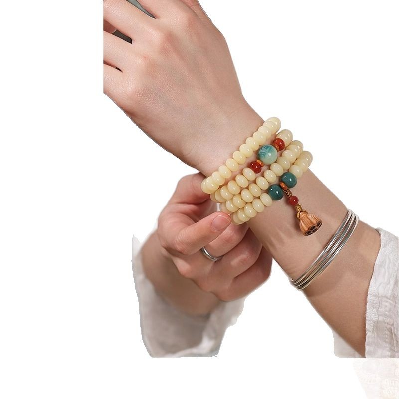108 Mala Beads White Jade Bodhi Bracelet with Carved Lotus Pendant and Olive Pit Spacers - Image 2