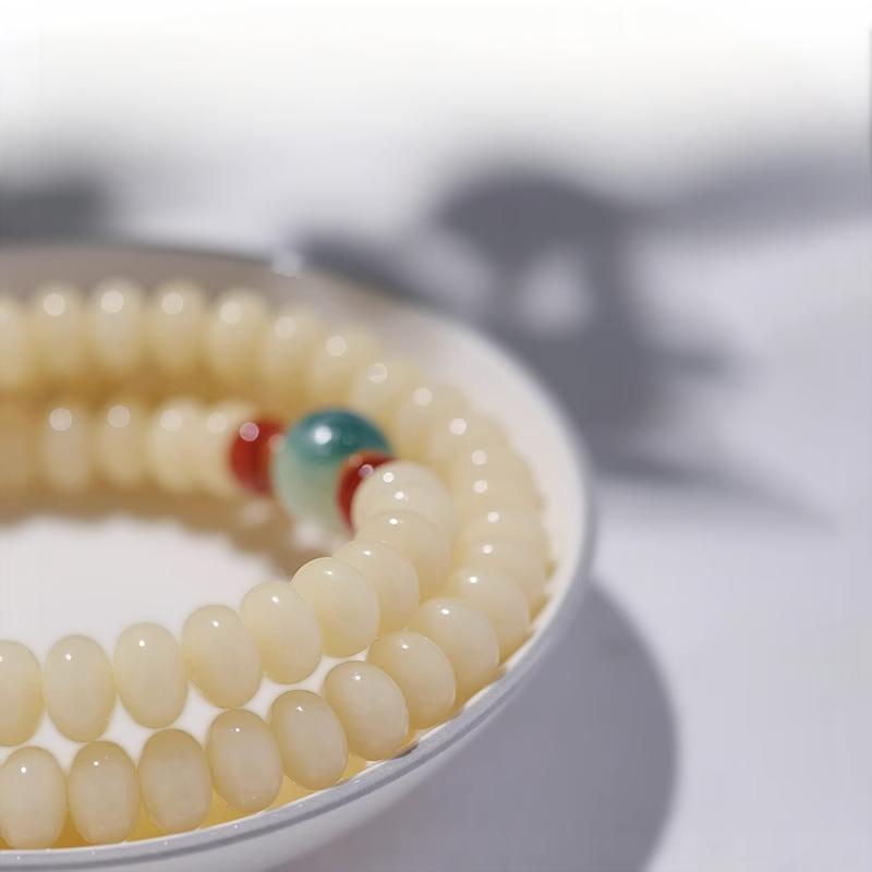108 Mala Beads White Jade Bodhi Bracelet with Carved Lotus Pendant and Olive Pit Spacers - Image 3